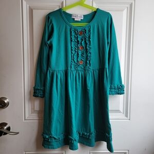 Teal Ruffle Long Sleeve Girls Dress